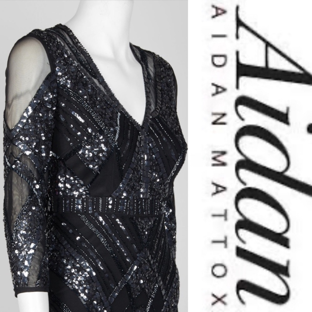 Aidan Mattox3/4 sleeve Bodycon illusion beaded mesh dress - Picture 4 of 7